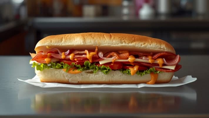 A deli sub loaded with salami, ham, cheese, lettuce and tomato on white deli paper.