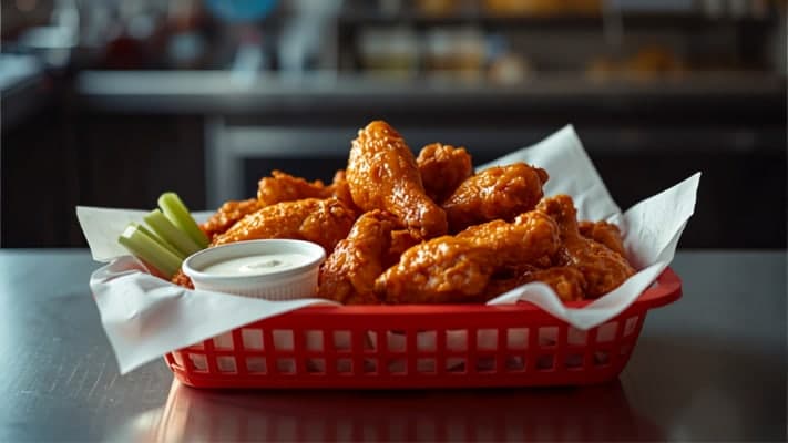 A red basket of buffalo wings lined with deli paper, served with celery and ranch.