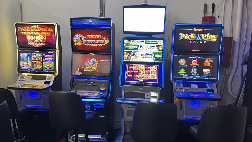 The in-store entertainment corner with seating at each machine.