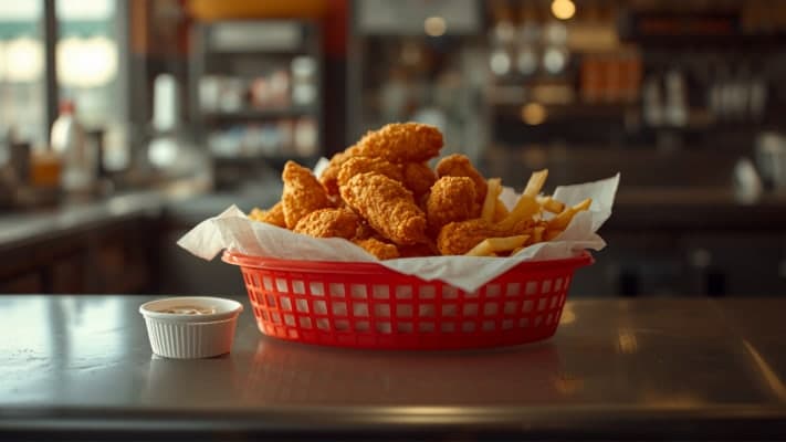 Crispy chicken tenders and fries in a red basket lined with deli paper, with a cup of dipping sauce.