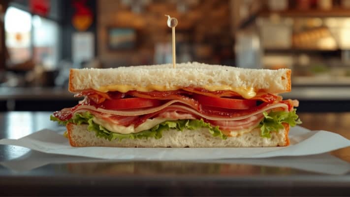 A club sandwich on white bread cut into triangles, layered with turkey, ham, bacon, lettuce and tomato.