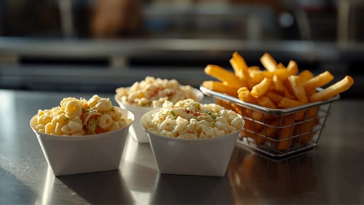 Macaroni salad and coleslaw in white deli containers beside a wire basket of french fries.